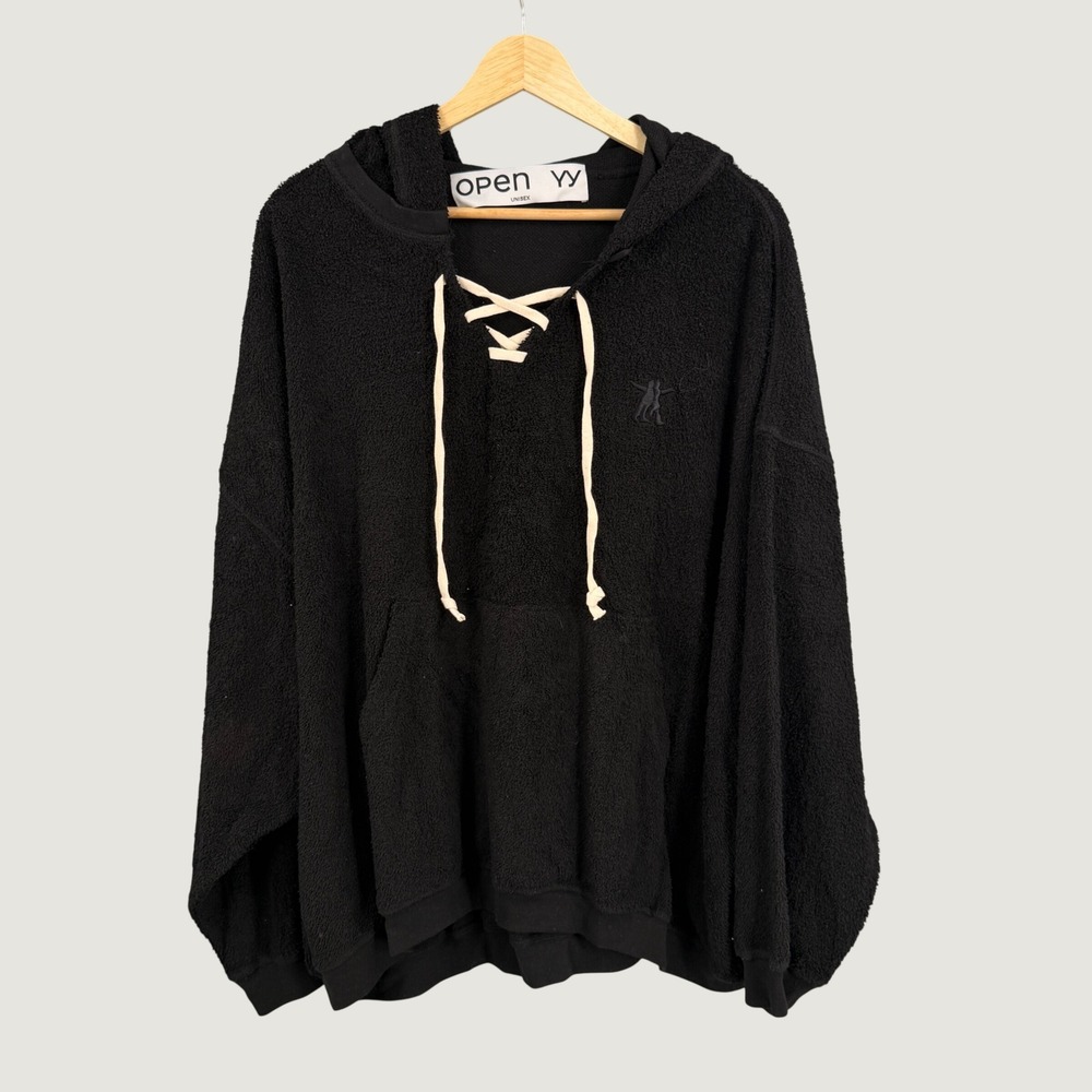 OPEN YY Black Hooded Pullover Unisex Medium Oversized Lace Up Hoodie